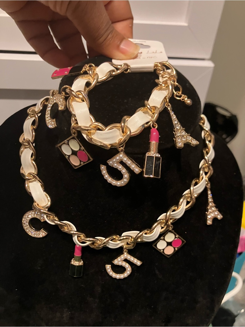 Gold and Cream Charm Necklace & Bracelet Set with Pink Accents